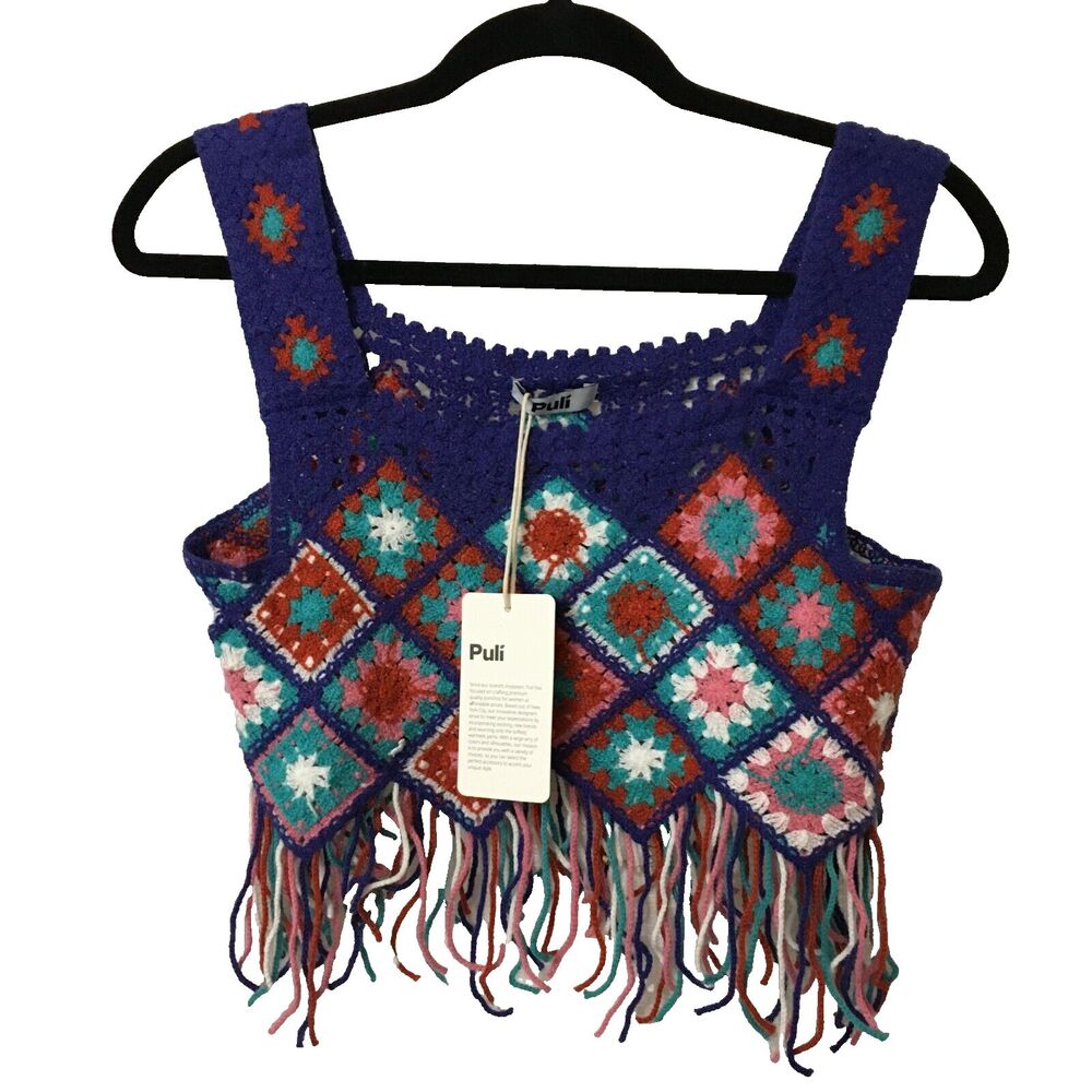 Puli Women Top Size Small Crochet Granny Square Cotton Knit Cropped Pullover A4